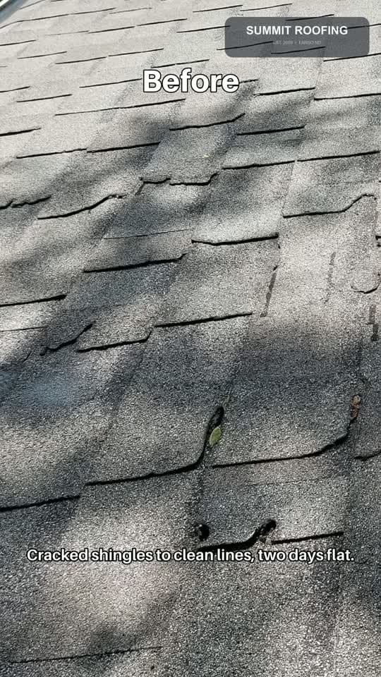 The first frame of a real short video PopJar made for a sample roofing company: a worn shingle roof labeled Before, captioned 'Cracked shingles to clean lines, two days flat'