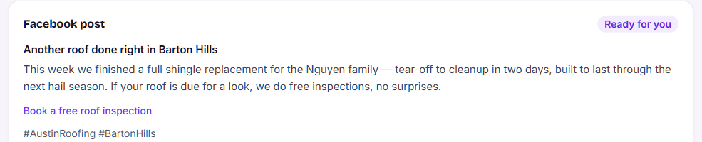 A finished Facebook post PopJar wrote for a sample roofing job, seen in the review screen: a headline, the post text, a booking link, and local hashtags, marked Ready for you